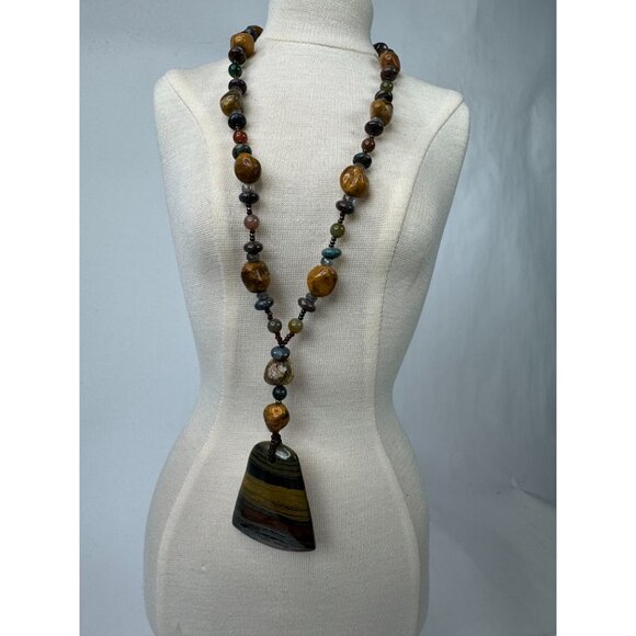 Handcrafted Beaded Necklace With Tigers Iron Pendant & Healing Stones 13" Long - Picture 9 of 16